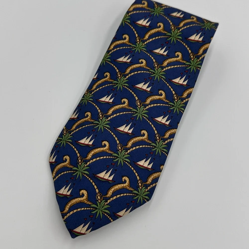 Salvatore Ferragamo Mens Silk Tie Blue Nautical Palm Tree Sailboat Made in Italy